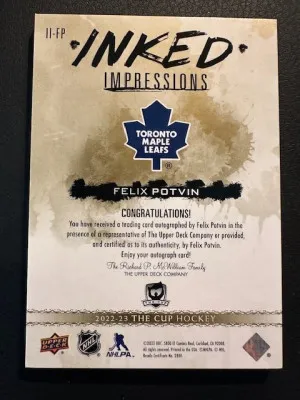 2022-23 The Cup - Felix Potvin - Inked Impressions /25 back
